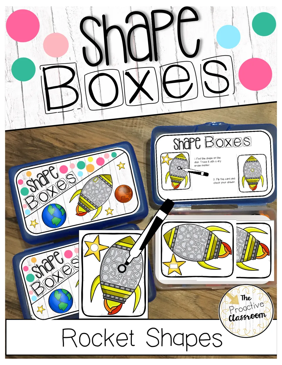 Shape Boxes cover: rocket shape-search cards stored in pencil boxes, with a dry erase marker tracing a circle on a card