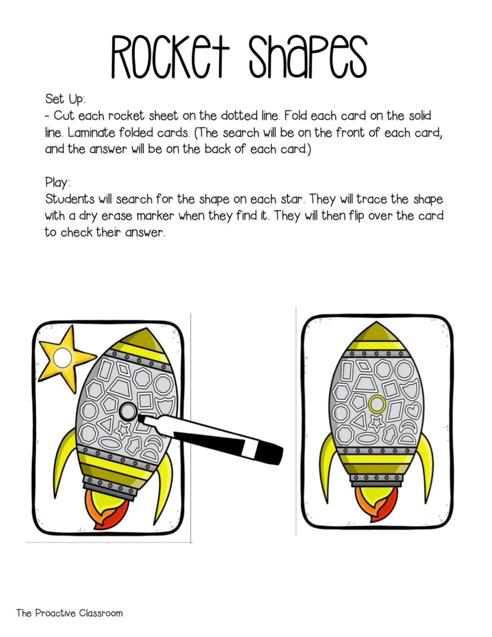 Rocket Shapes directions: cut, fold and laminate cards; students find the star's shape on the rocket, trace it, then flip