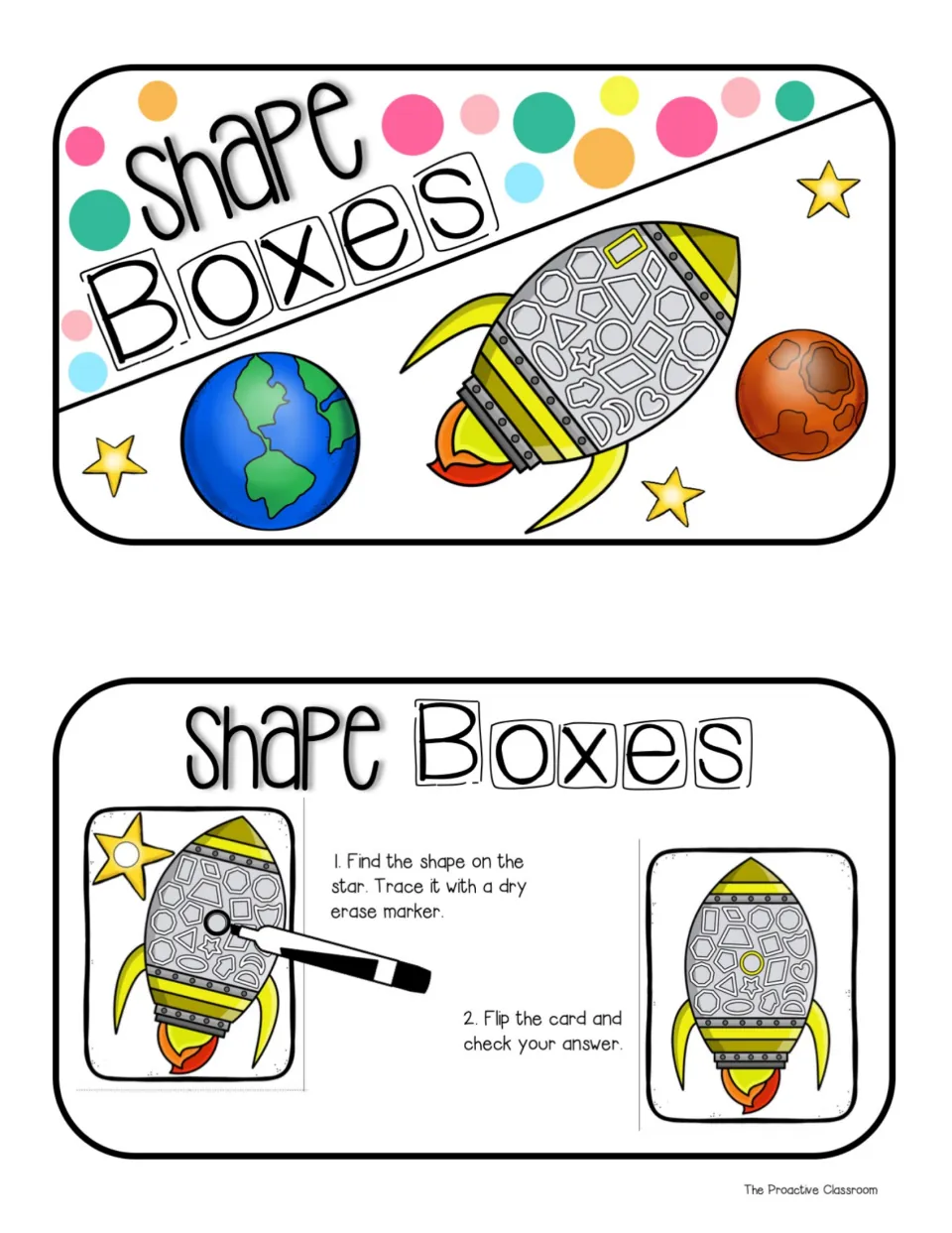Second copy of the box label and step card: find the shape on the star, trace it with dry erase marker, flip to check