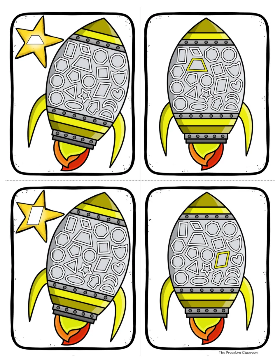 Trapezoid and parallelogram search cards: students find the star's shape on the rocket; answers highlighted on the back