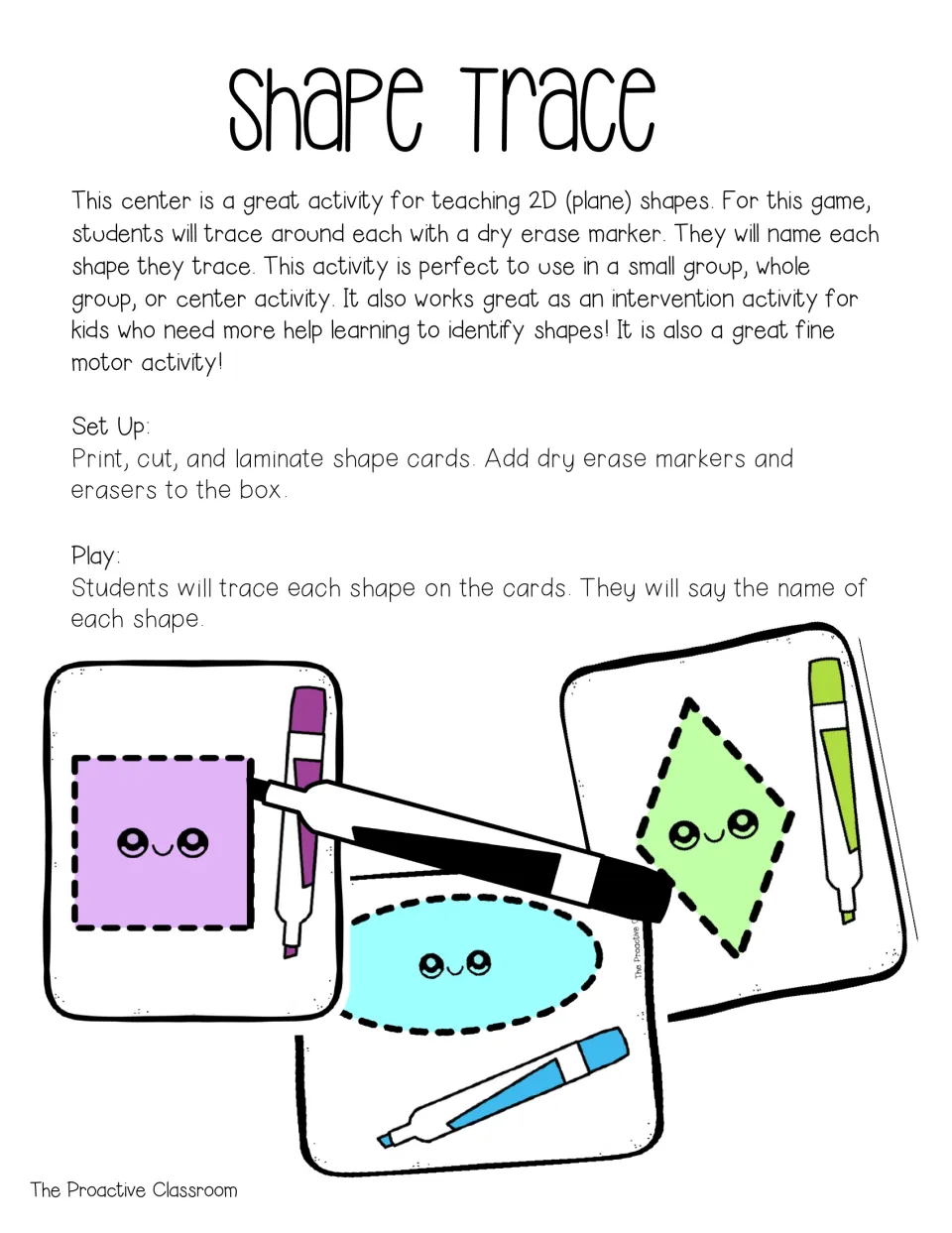 Teacher directions for tracing 2D shapes: set up by laminating shape cards; students trace each with a marker and name it