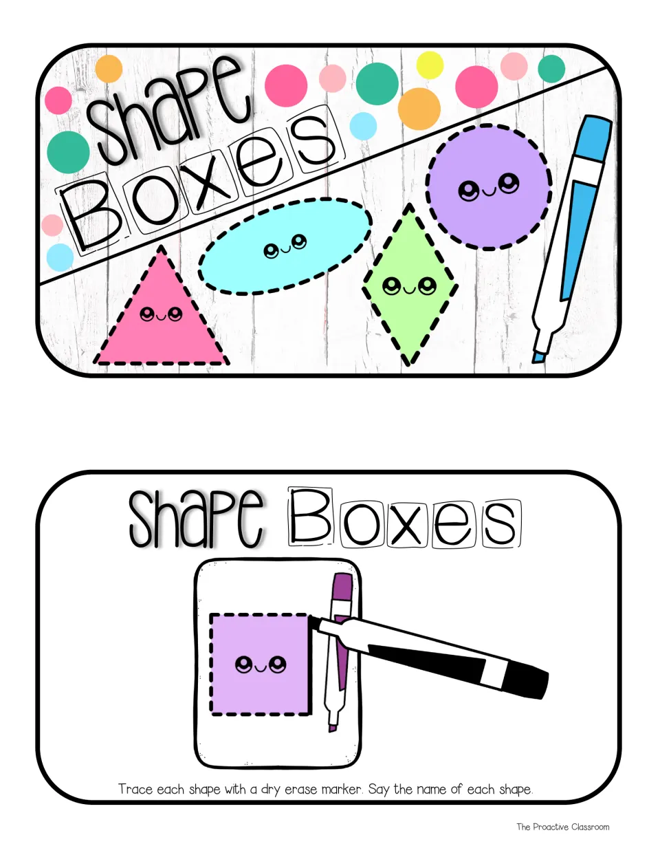 Bin labels on a wood background: lid art with triangle, oval, rhombus and circle, and a trace-and-name direction label