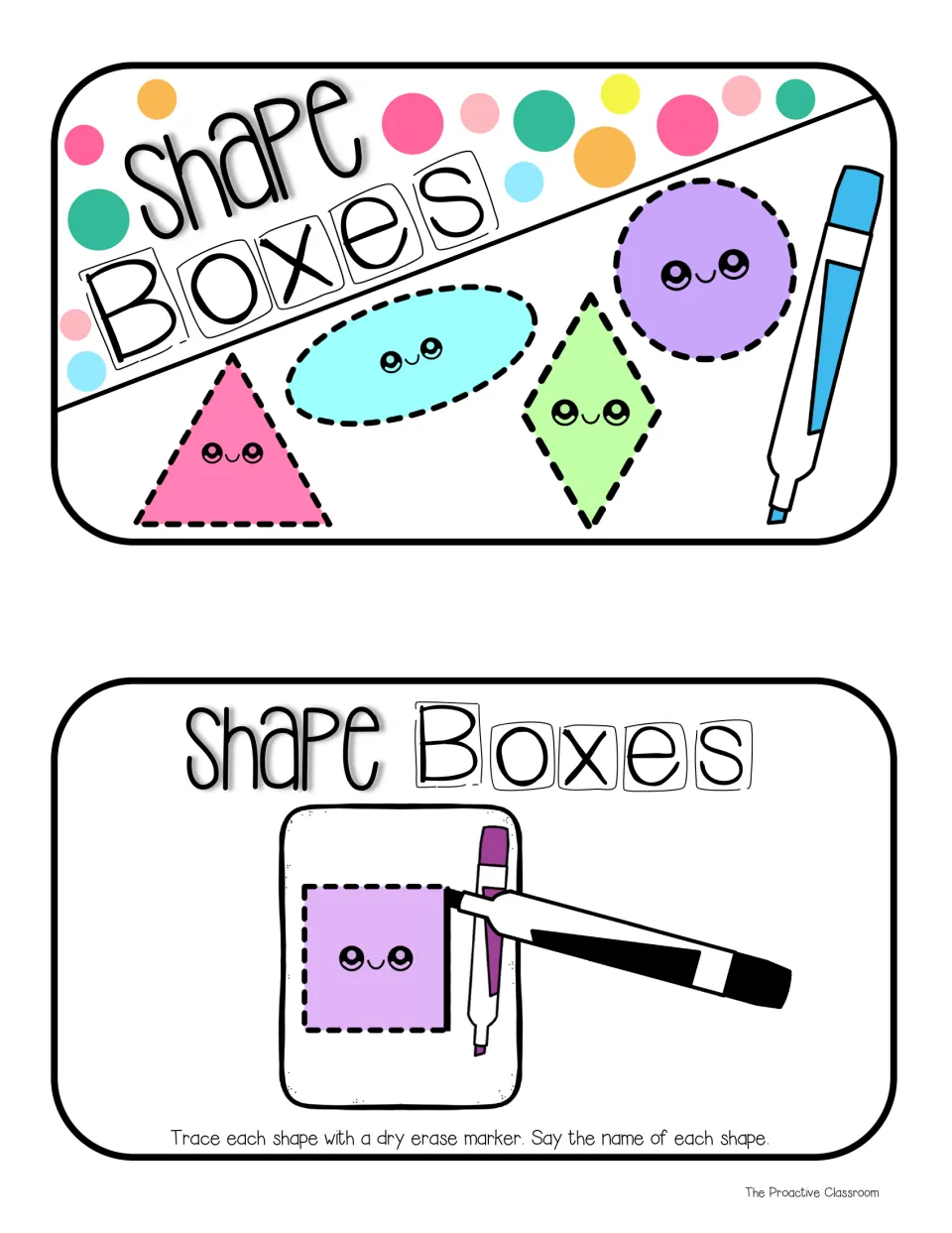 Bin labels on plain white: lid art of four smiling shapes and a direction card to trace and say each shape name