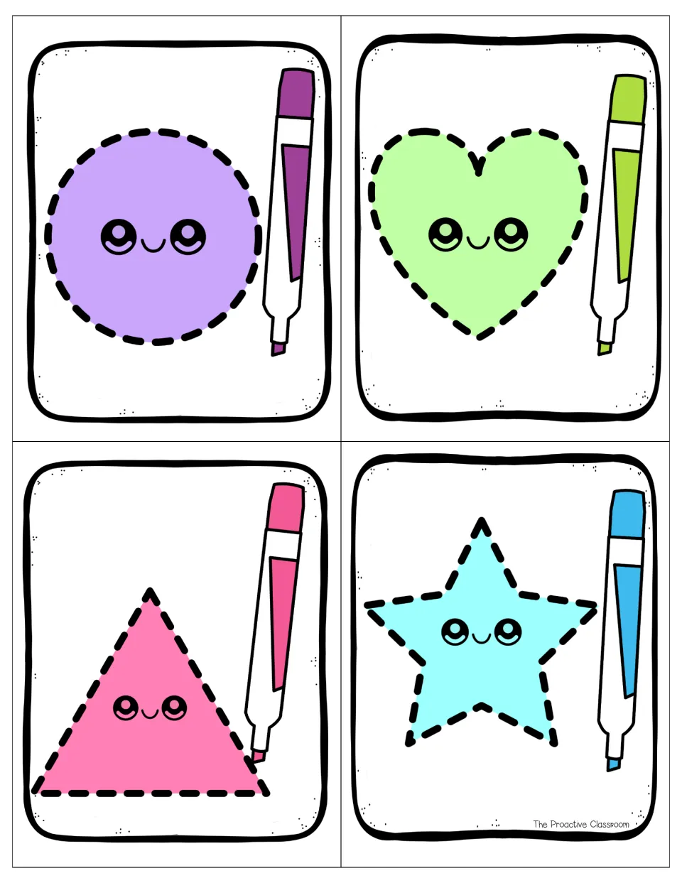 Tracing cards in color: a circle, heart, triangle and star with dashed outlines to trace with a marker and name