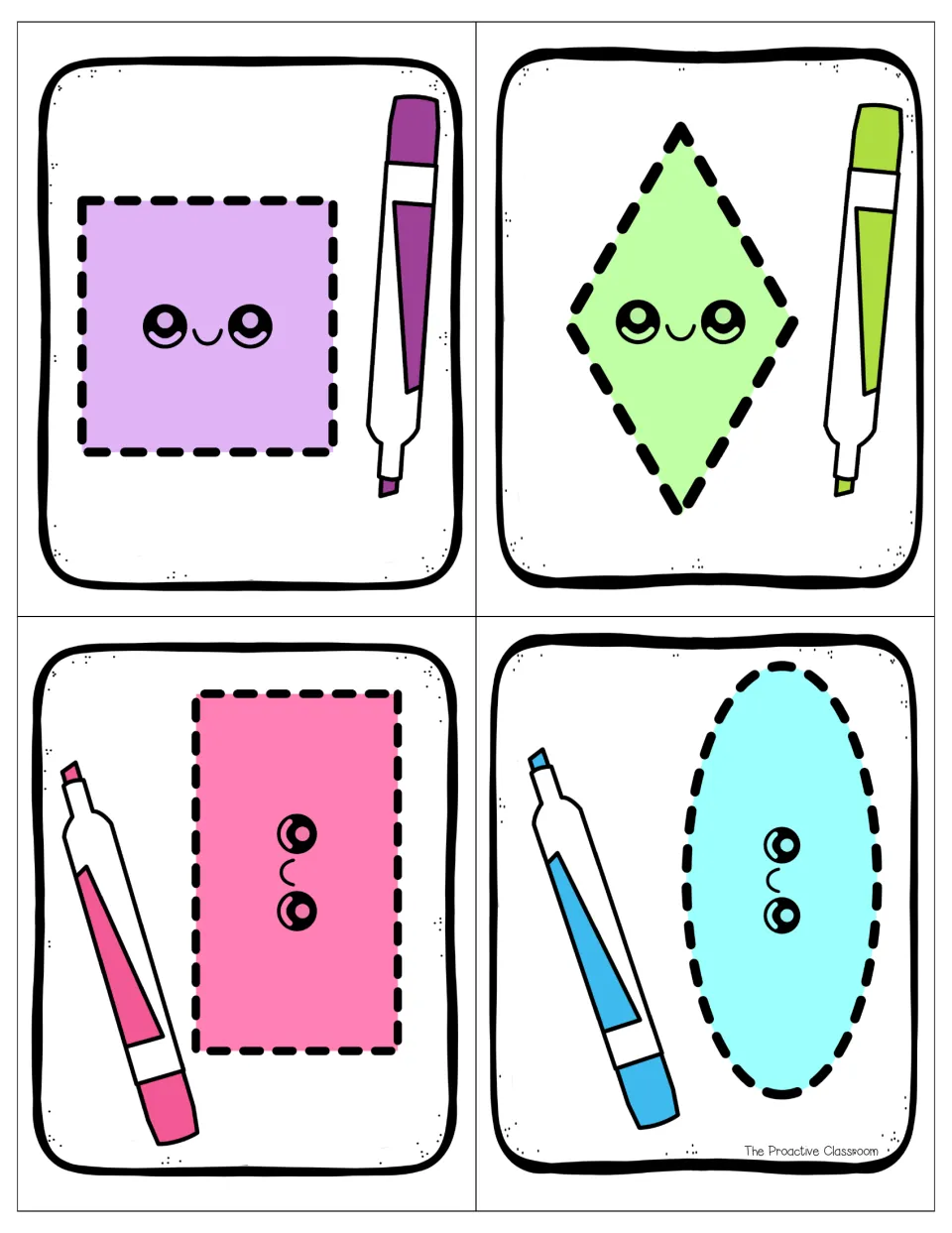 Tracing cards in color: a square, rhombus, rectangle and oval, each a dashed outline to trace with a dry erase marker