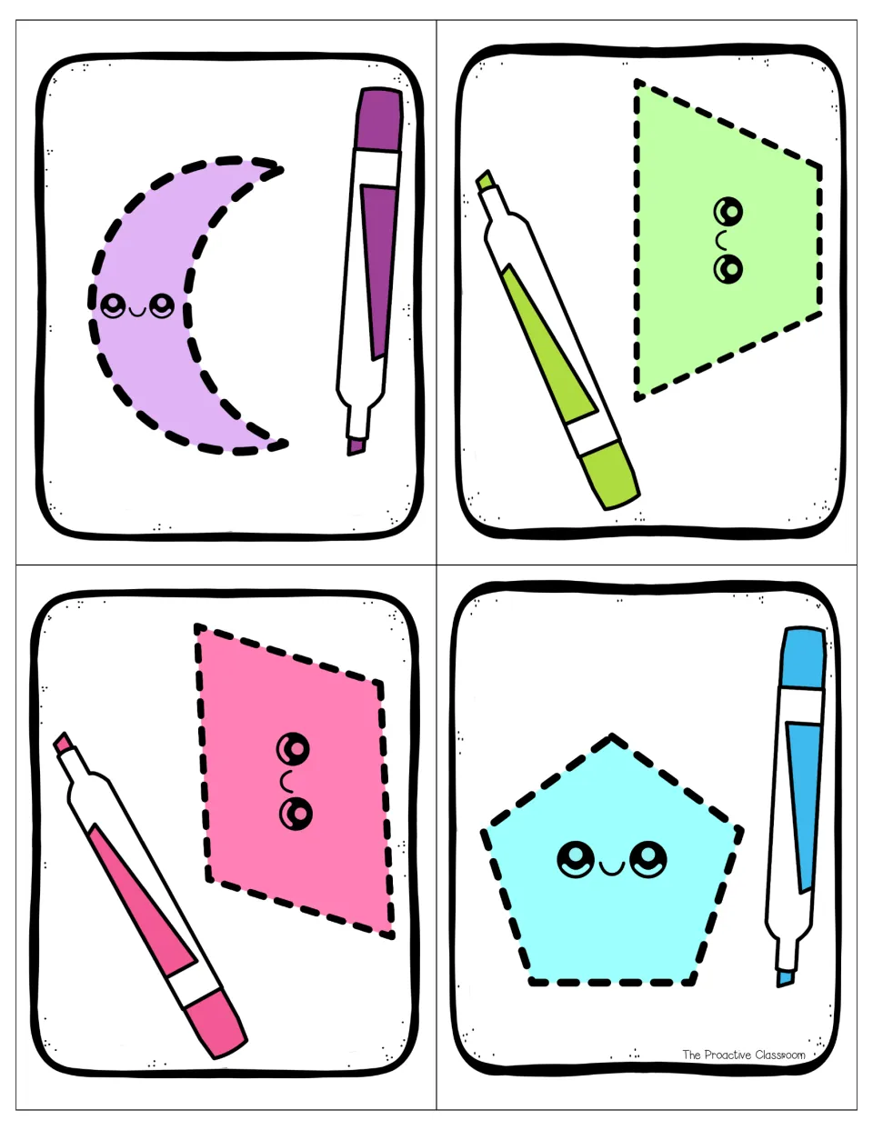 Tracing cards in color: a crescent, trapezoid, parallelogram and pentagon with dashed edges for tracing and naming