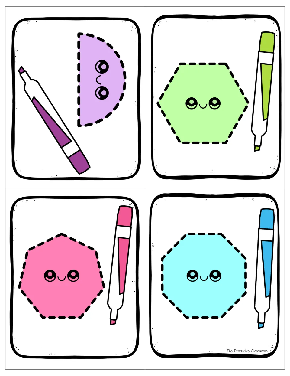 Tracing cards in color: a semicircle, hexagon, heptagon and octagon outlined in dashes for students to trace and name