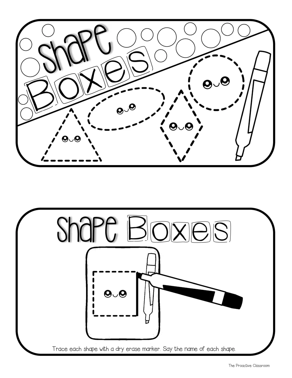 Black-and-white bin labels: lid art of a triangle, oval, rhombus and circle, and a trace-and-name direction card