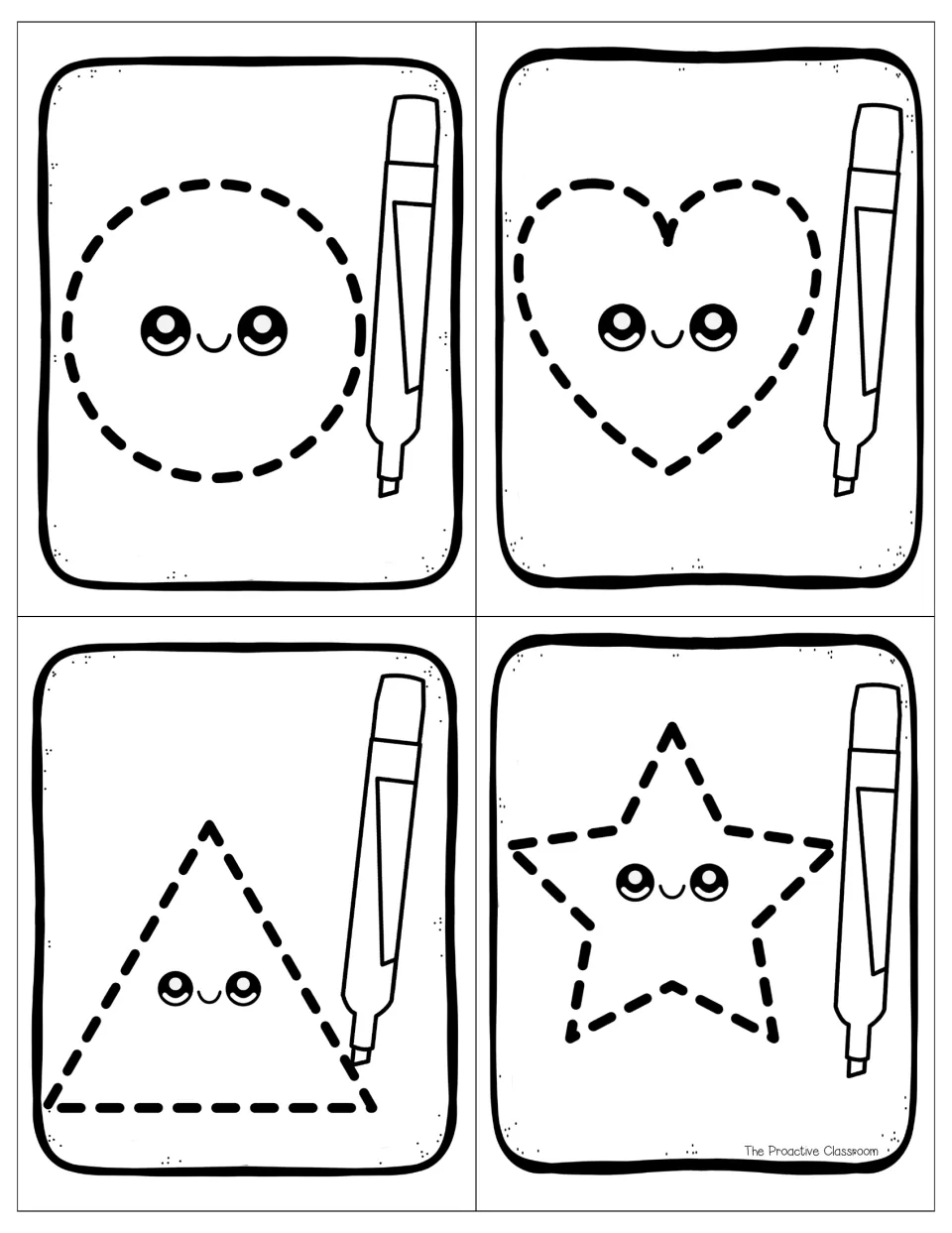 Black-and-white tracing cards: a dashed circle, heart, triangle and star, each beside a marker, for tracing and naming