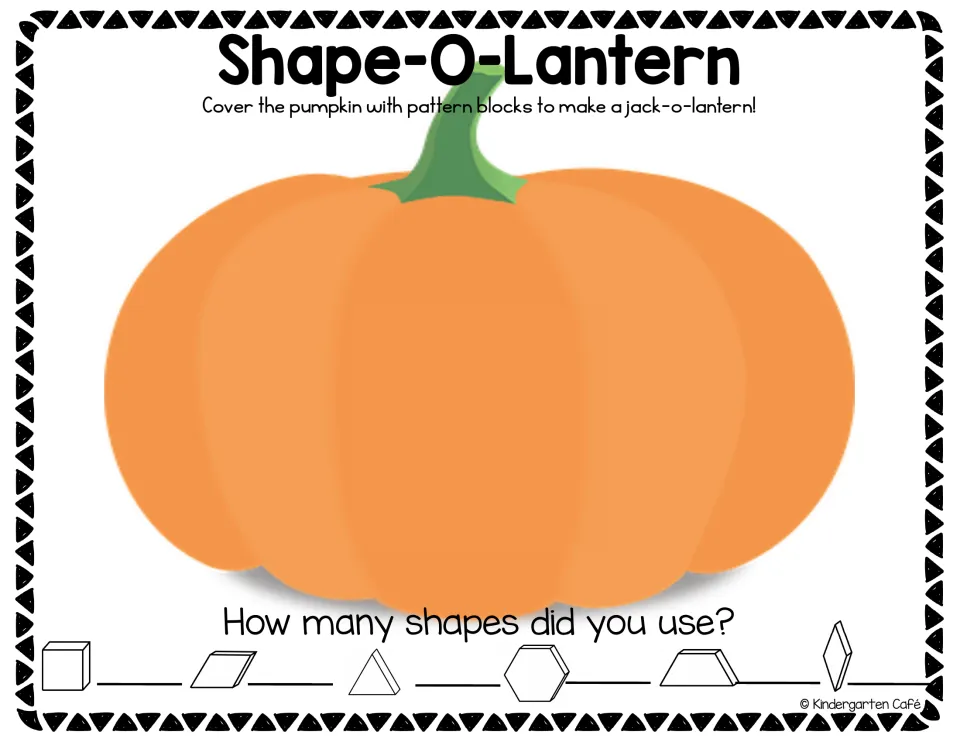 Color blank pumpkin activity for making a jack-o'-lantern with pattern blocks and counting each shape used