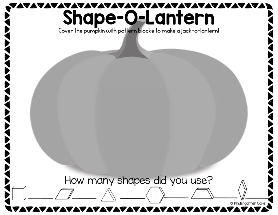 Grayscale blank pumpkin activity for making a jack-o'-lantern with pattern blocks and counting shapes used