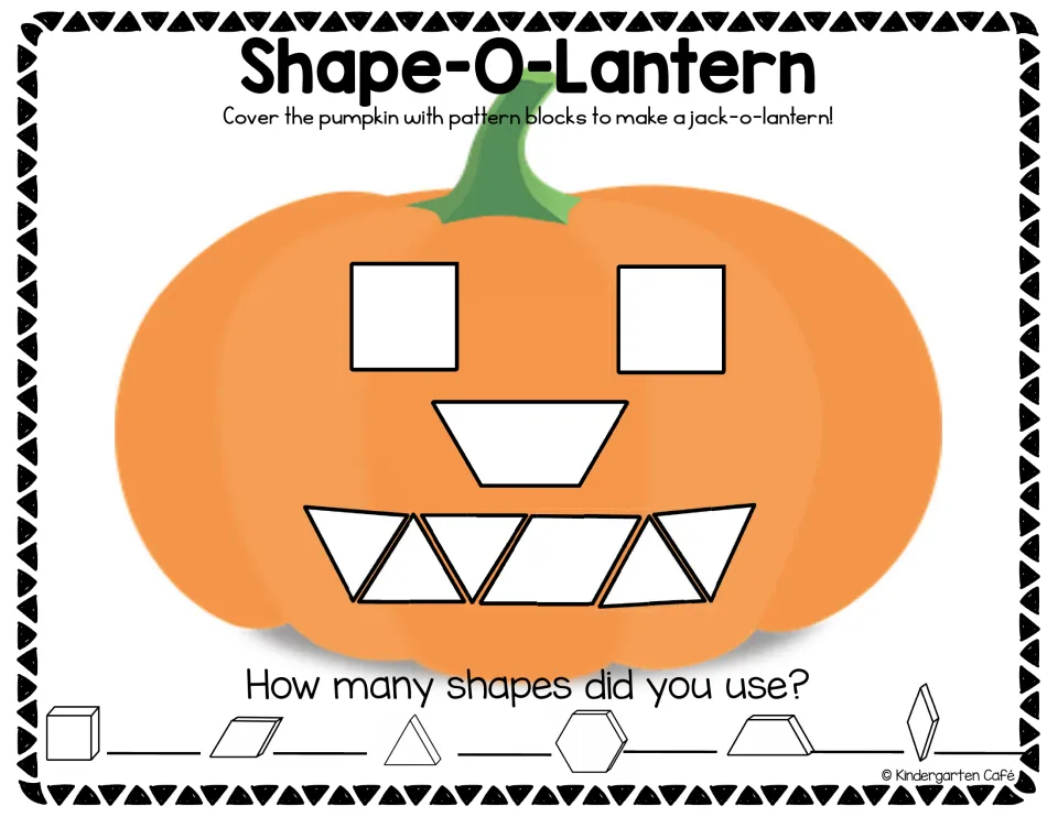 Color pumpkin activity showing square eyes, a trapezoid nose, and a mouth made of triangles and a rhombus