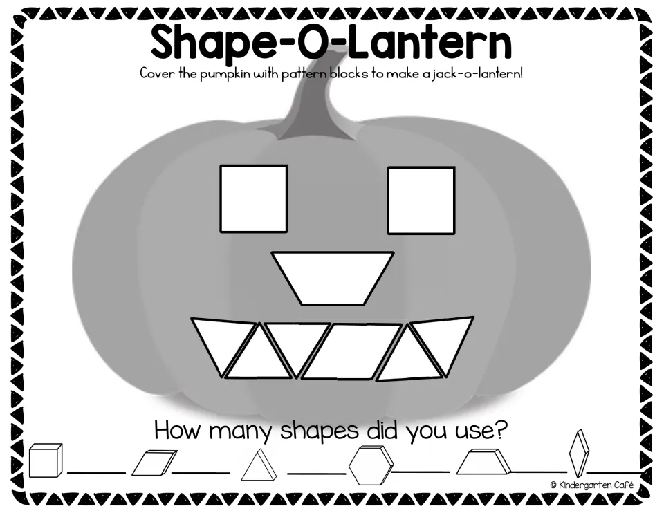 Grayscale pumpkin activity showing square eyes, a trapezoid nose, and a triangle-and-rhombus mouth