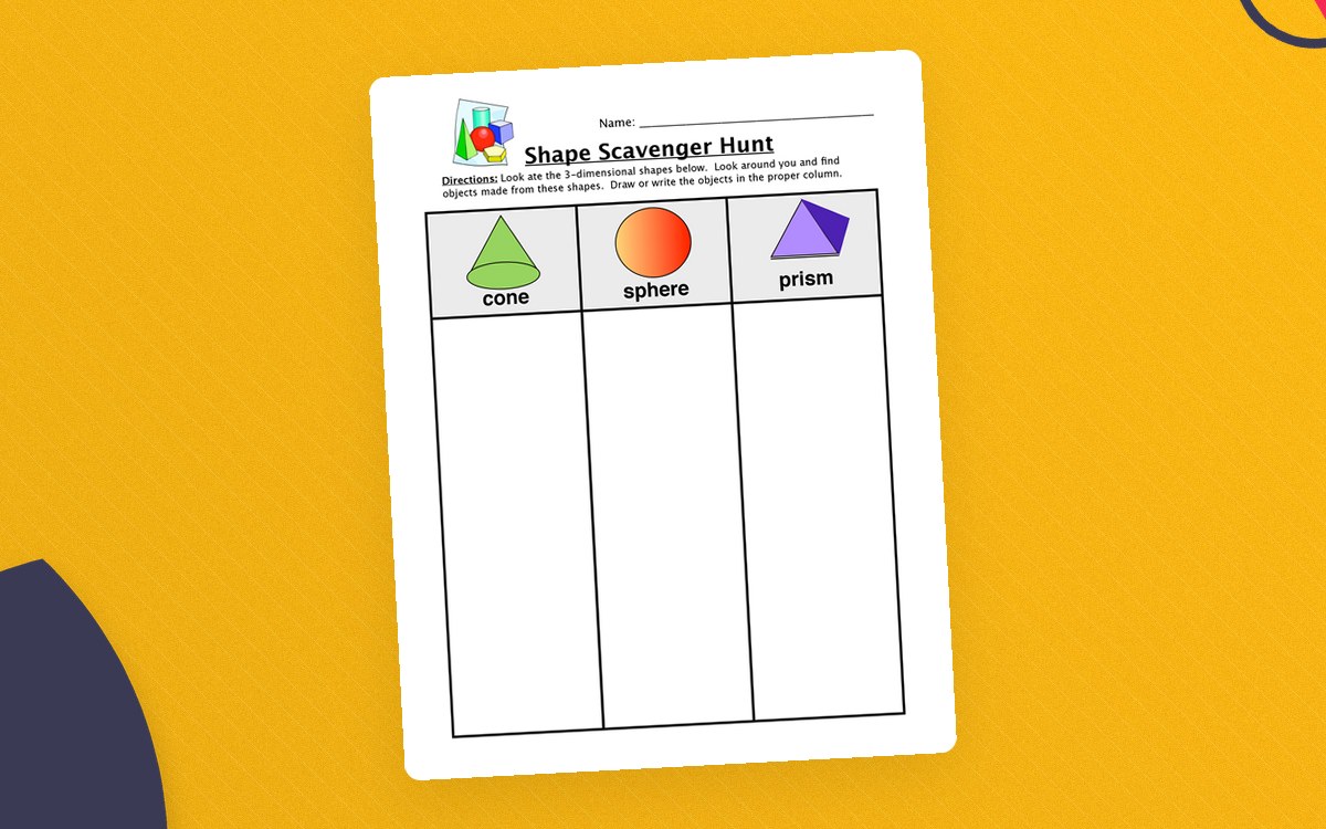 Shape Scavenger Hunt Worksheet preview: Cone, sphere, and prism reference shapes