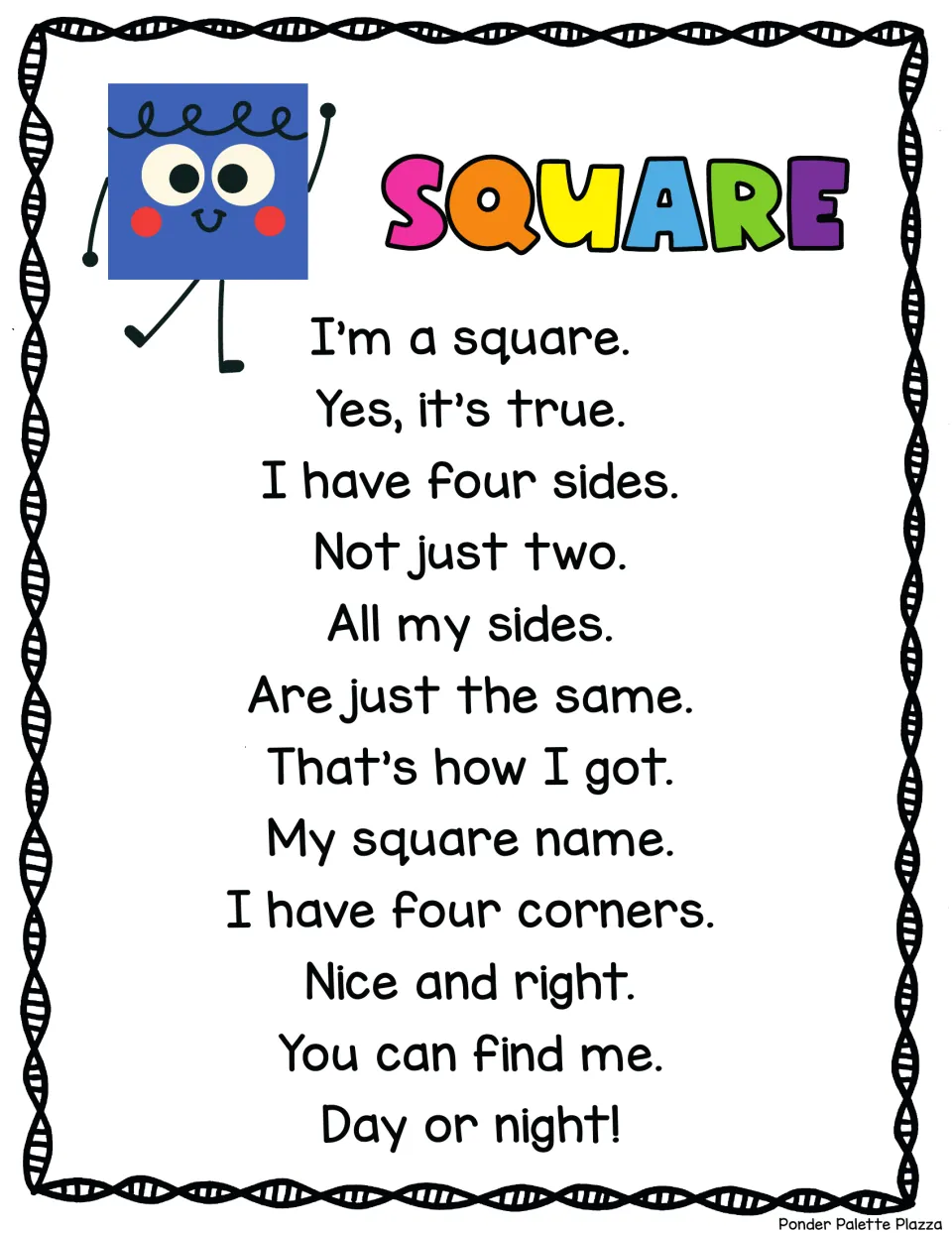 Square song: students sing about a square's four equal sides and four right corners, led by a smiling blue square