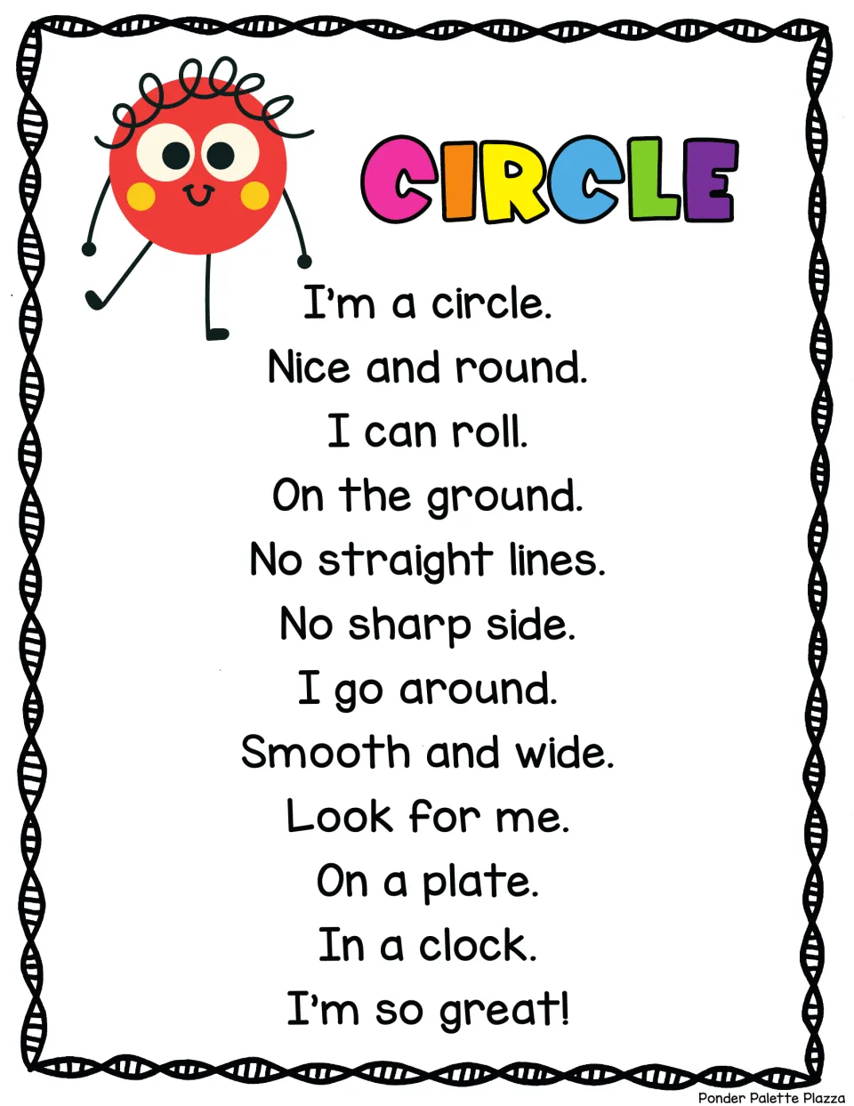 Circle song: students sing that a circle is round with no straight lines and spot circles on a plate or a clock