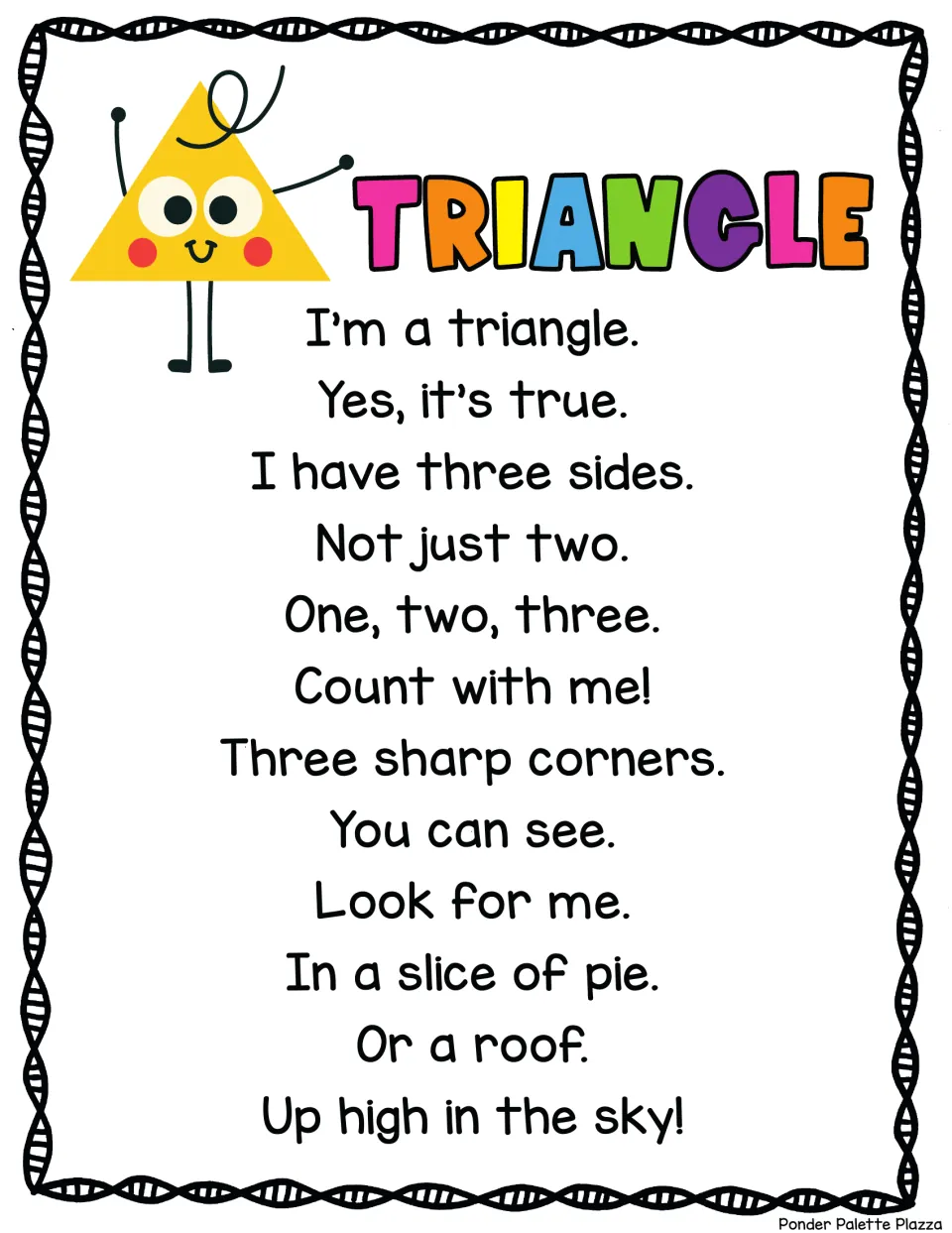 Triangle song: students count three sides and three sharp corners, then find triangles in pie slices and roofs