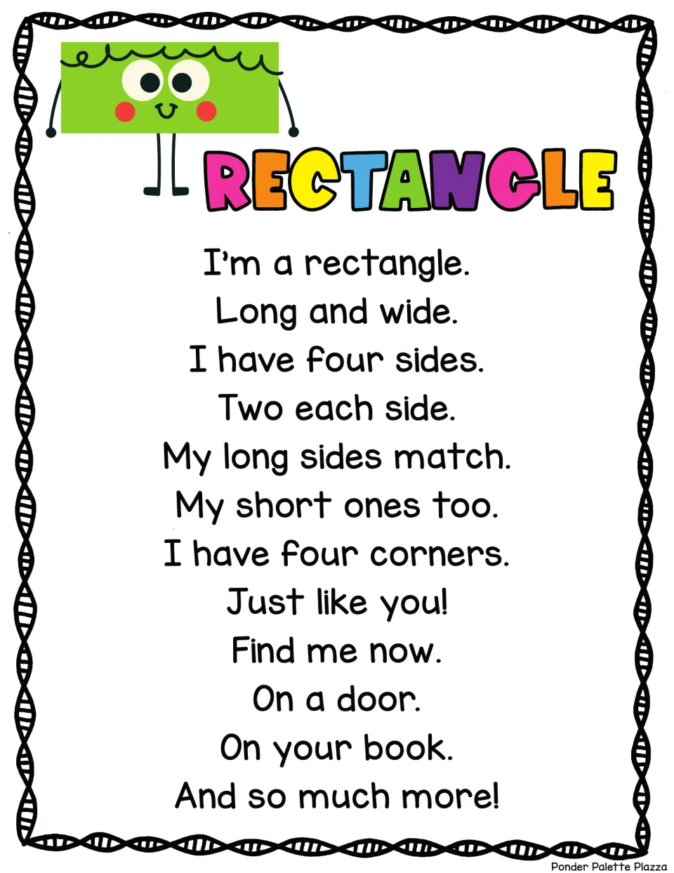 Rectangle song: students sing how long sides match and short sides match, then spot rectangles on doors and books