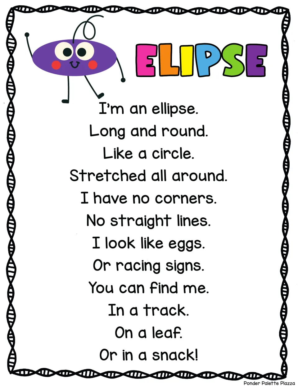 Ellipse song (heading spelled Elipse): students sing of a stretched circle with no corners, seen in eggs and leaves