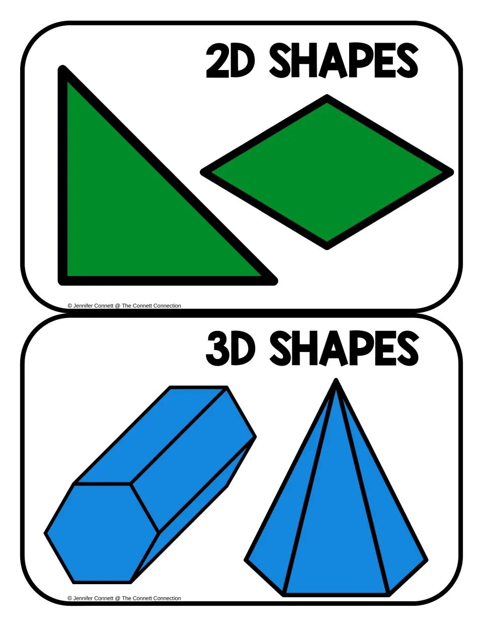2D and 3D shape sorting headers: green triangle and rhombus for 2D, blue hexagonal prism and pyramid for 3D