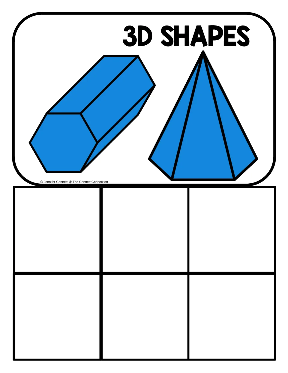 3D shapes sorting mat: students place six solid shape or object cards under the hexagonal prism and pyramid header