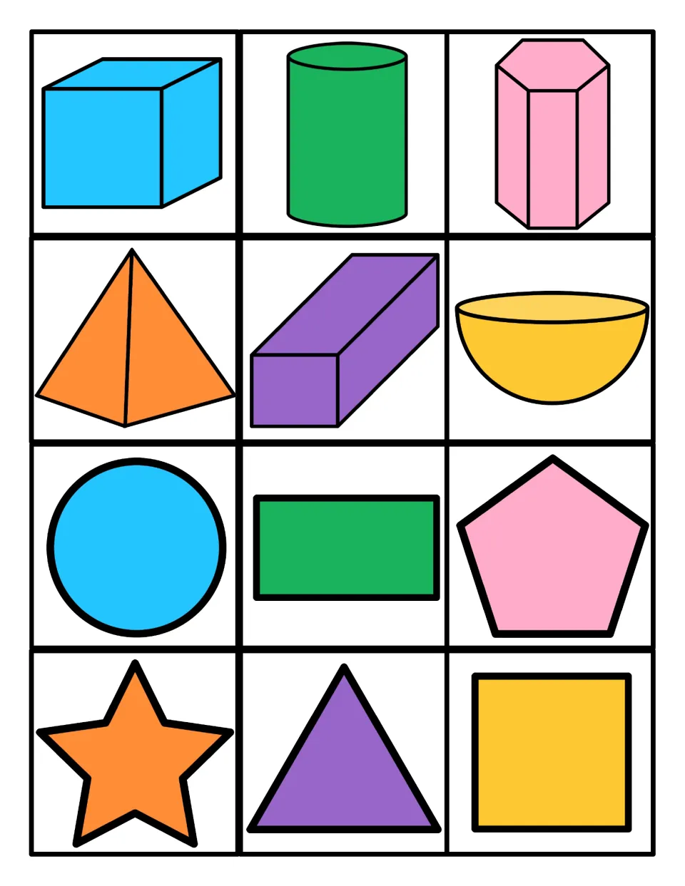 Shape cards to sort as 2D or 3D: cube, cylinder, prism, pyramid, hemisphere, circle, rectangle, pentagon, star, square
