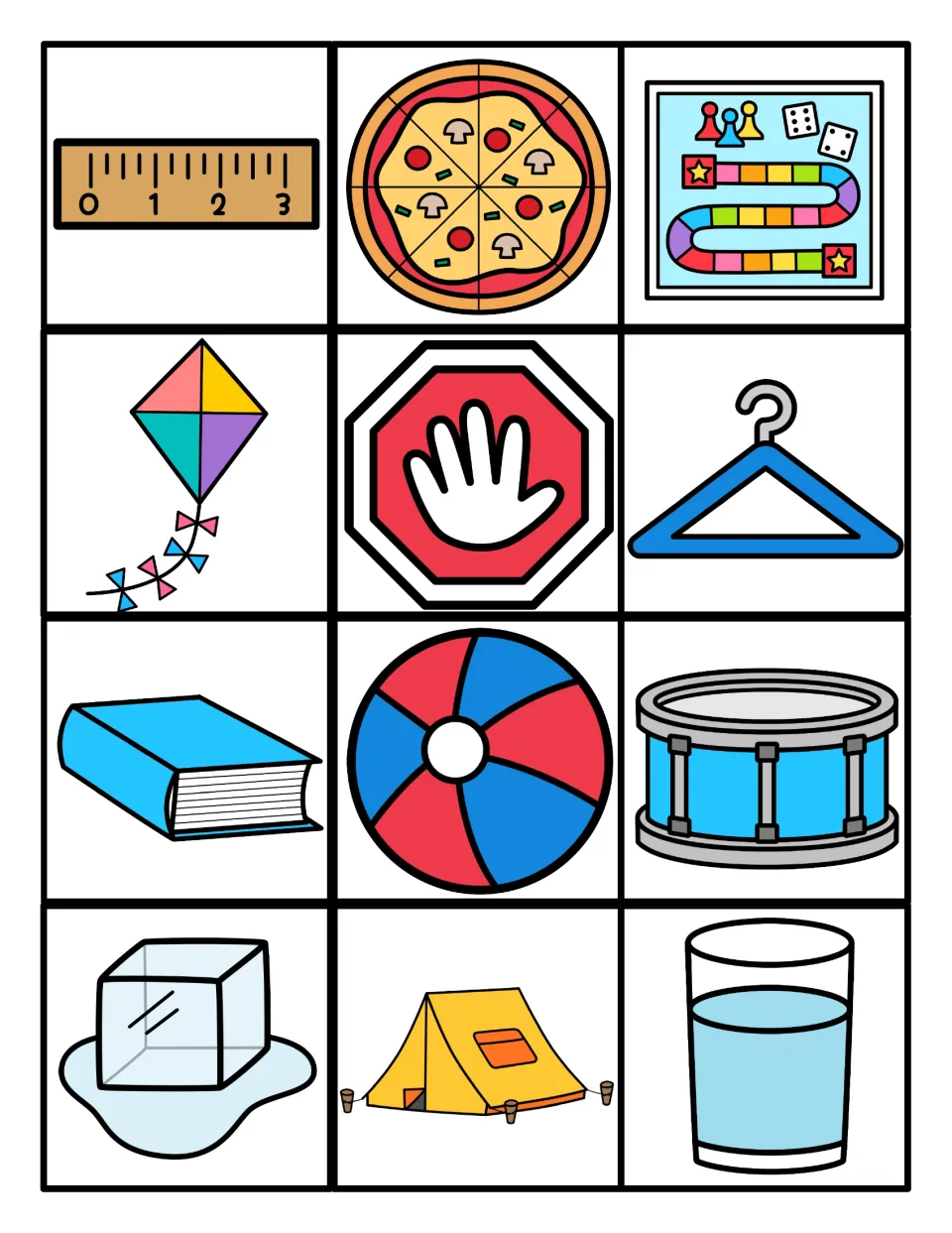 Real-world object cards to sort as 2D or 3D: ruler, pizza, kite, stop sign, hanger, book, beach ball, drum, ice cube, tent