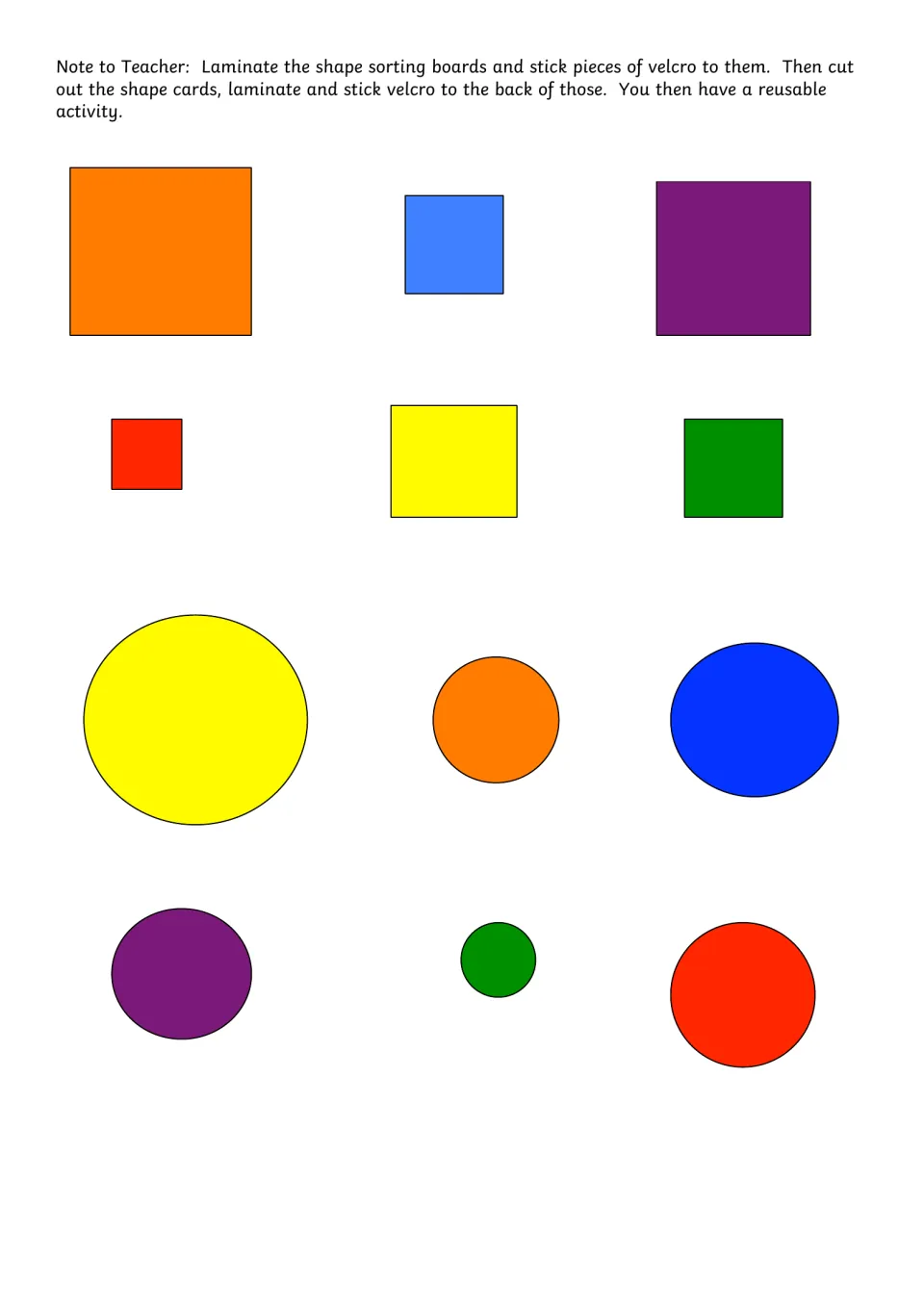 Shape cards to cut out: six squares and six circles in assorted sizes and colors, with a teacher note on laminating
