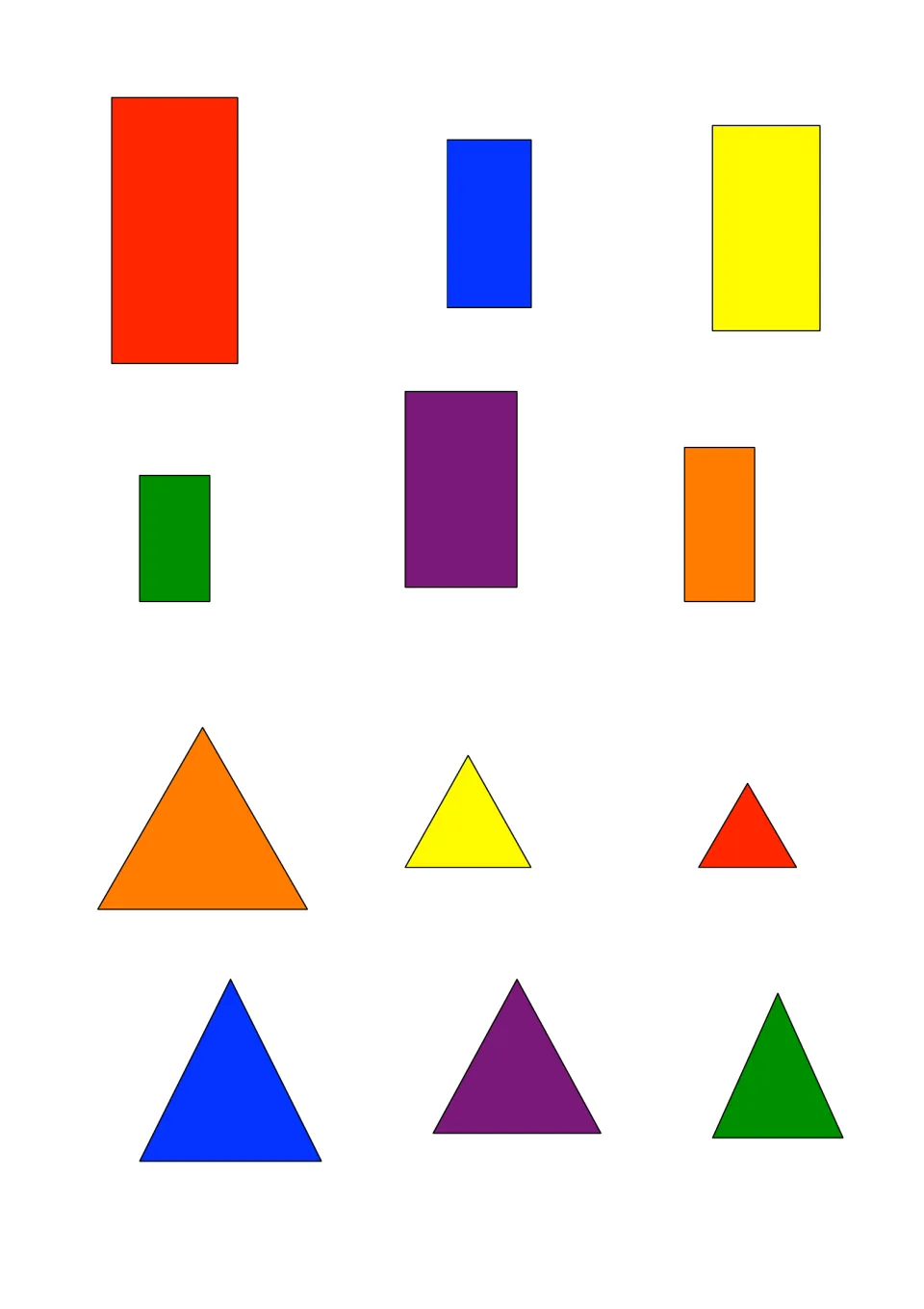 Rectangle and triangle cards to cut out: six of each in varied sizes and six colors, for sorting by shape