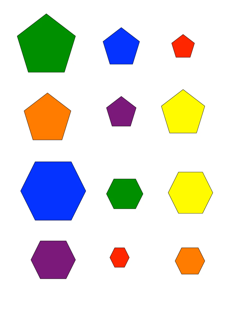 Pentagon and hexagon cards: six of each in six colors and several sizes for children to sort by shape