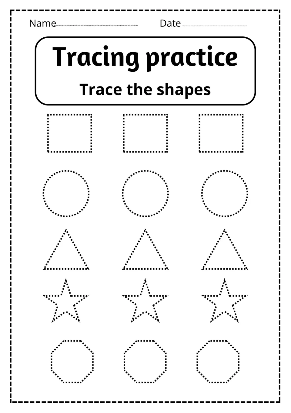 Shape tracing: students trace three each of dotted squares, circles, triangles, stars and octagons, following the dots
