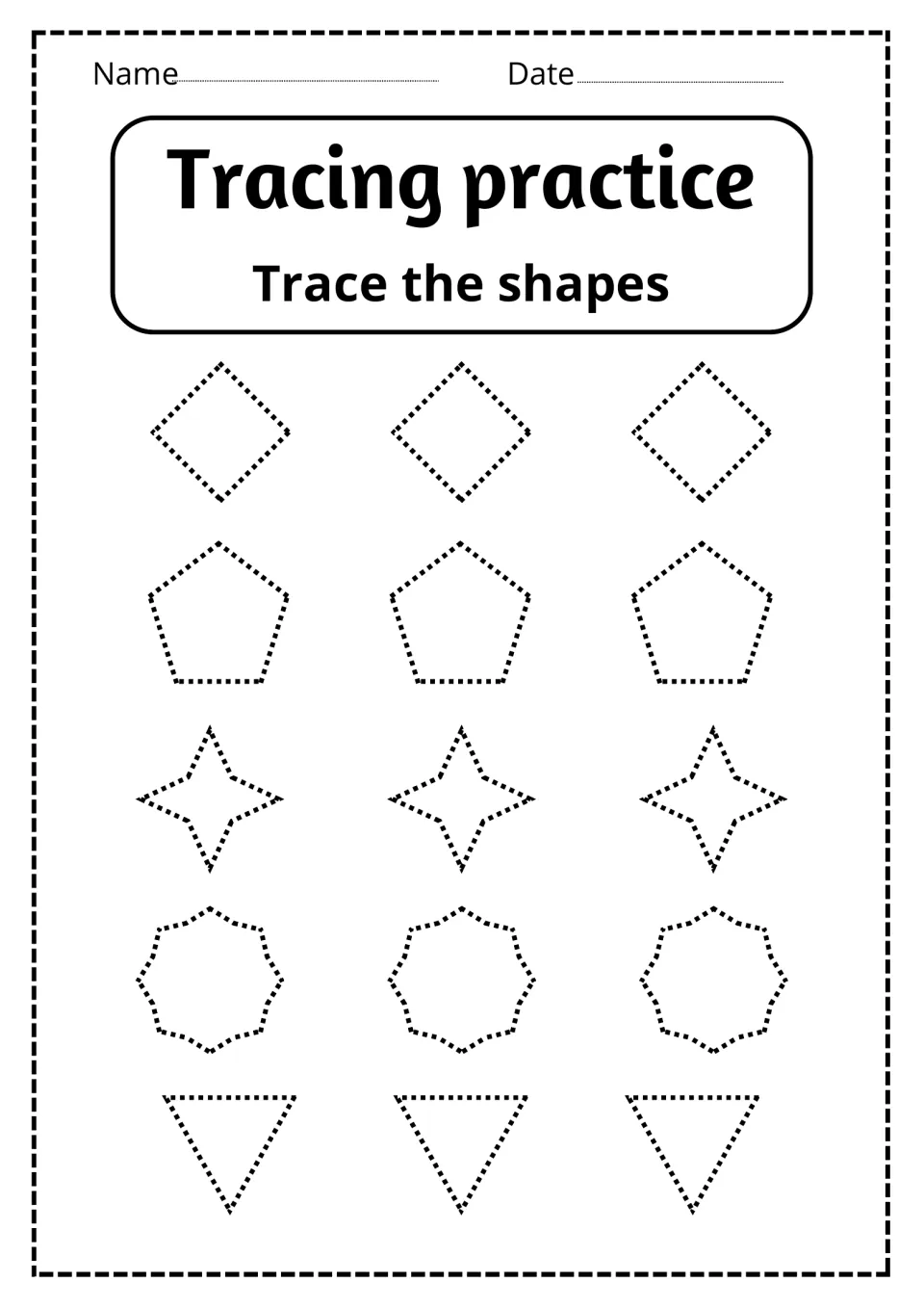 Shape tracing: students trace dotted diamonds, pentagons, four-point stars, scalloped shapes and upside-down triangles
