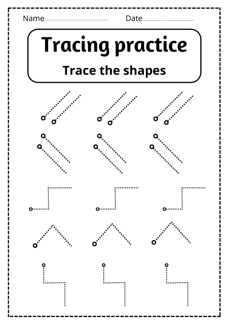 Stroke tracing: students trace dotted diagonal pairs, steps, peaks and zigzag paths, starting each at the small circle