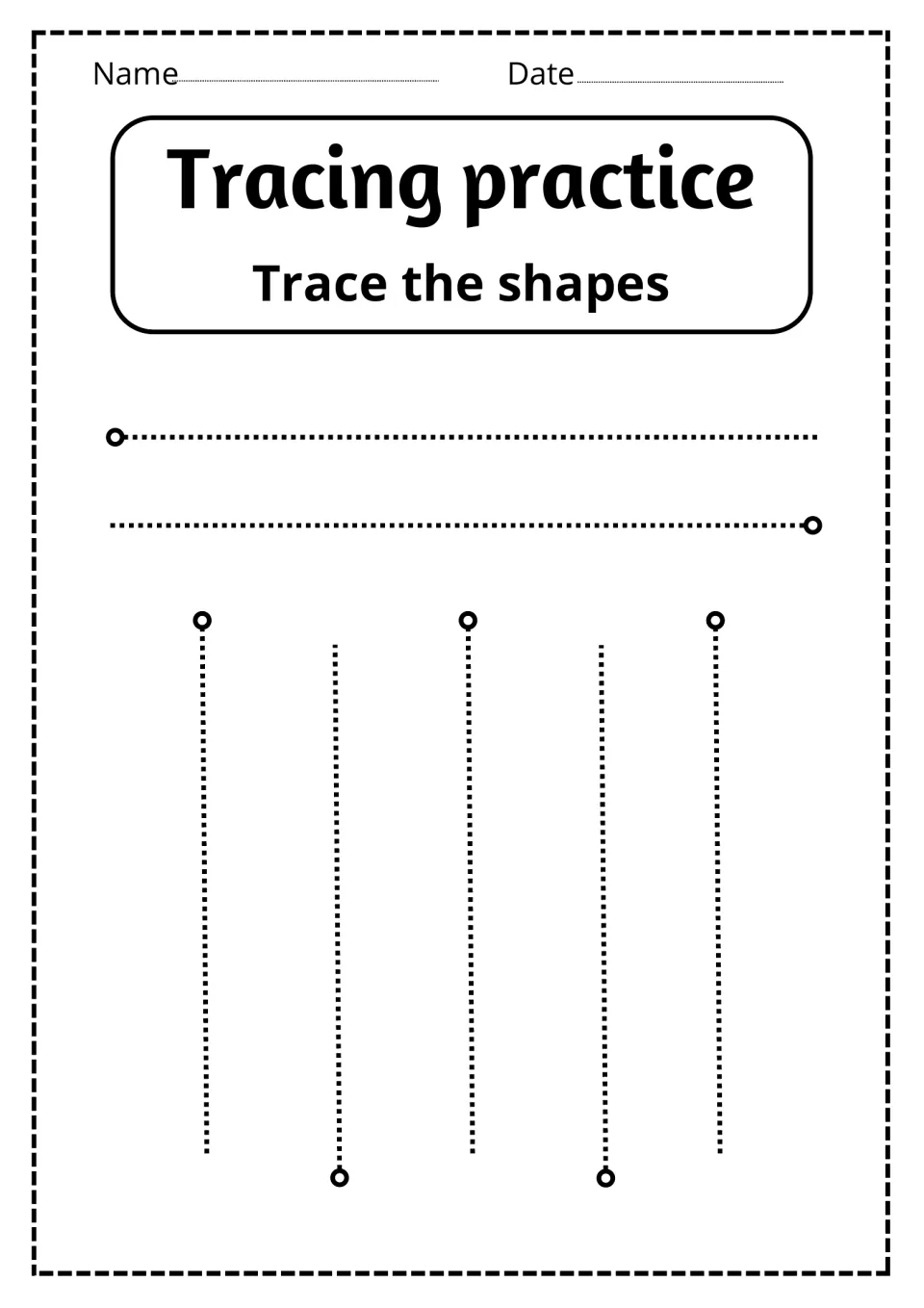 Stroke tracing: students trace two long dotted horizontal paths and five vertical ones, beginning at each start circle