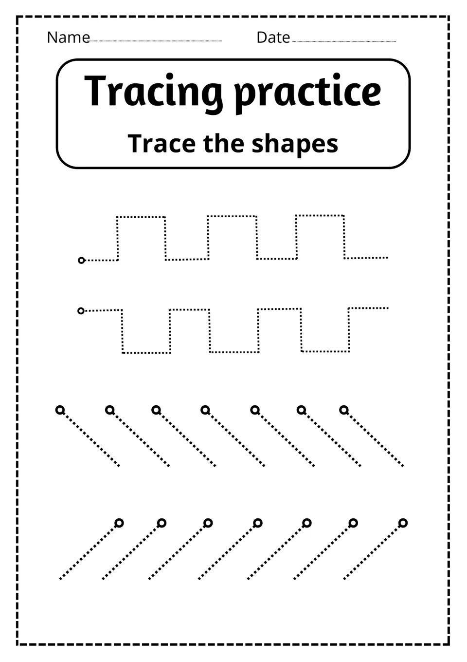 Pattern tracing: students trace two square-wave paths, then two rows of slanted strokes that start at each circle