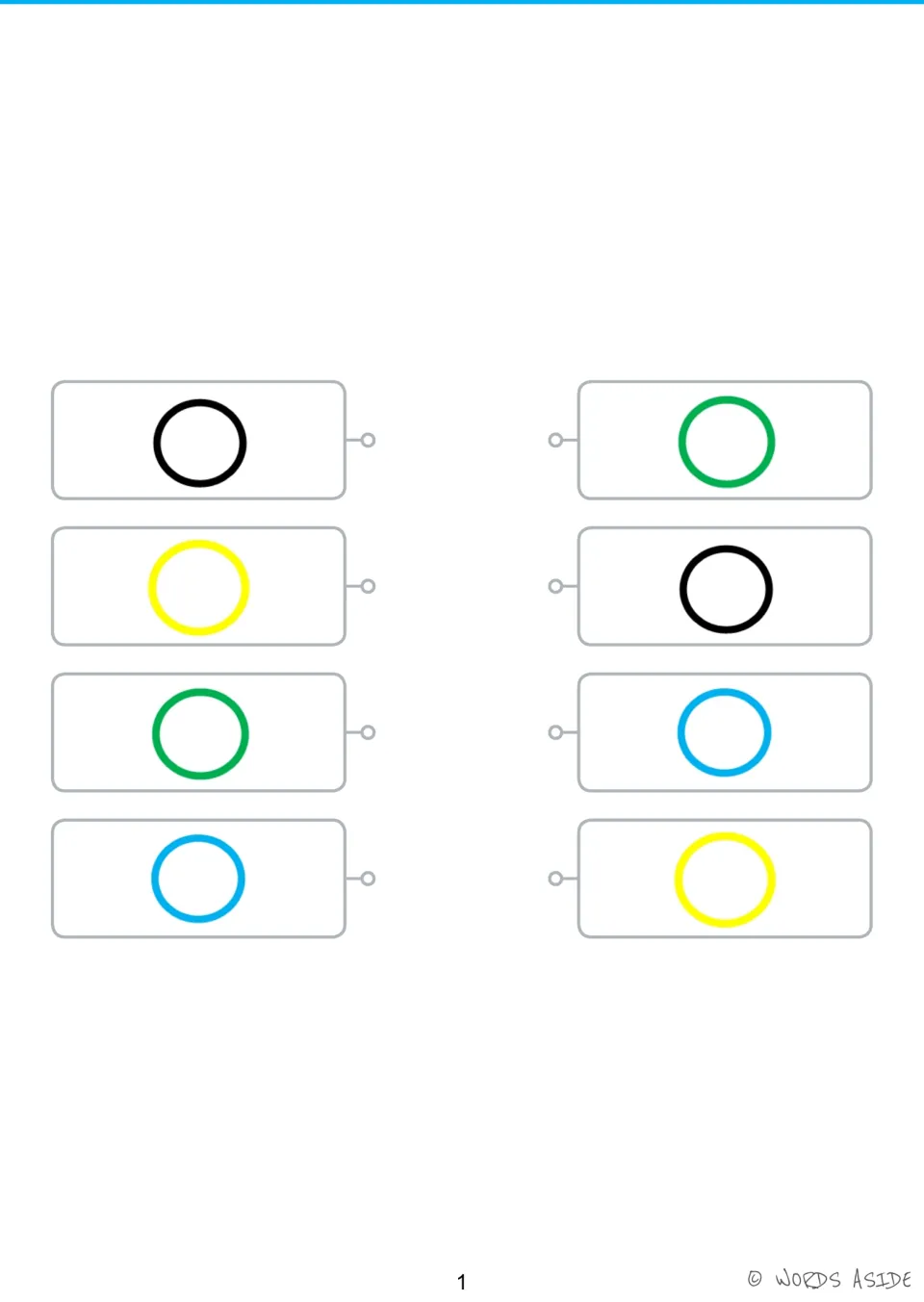 Color-matching activity: black, yellow, green, and blue outlined circles, each repeated for matching.