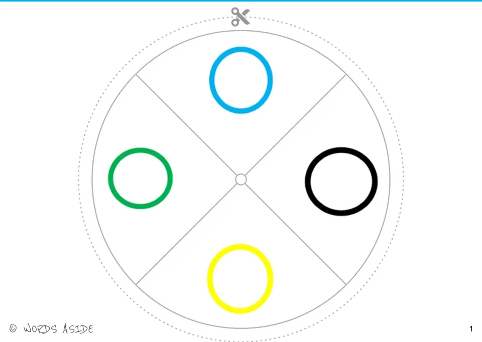 Spinning or pointing wheel for circle activities, featuring blue, black, yellow, and green outlined circles.