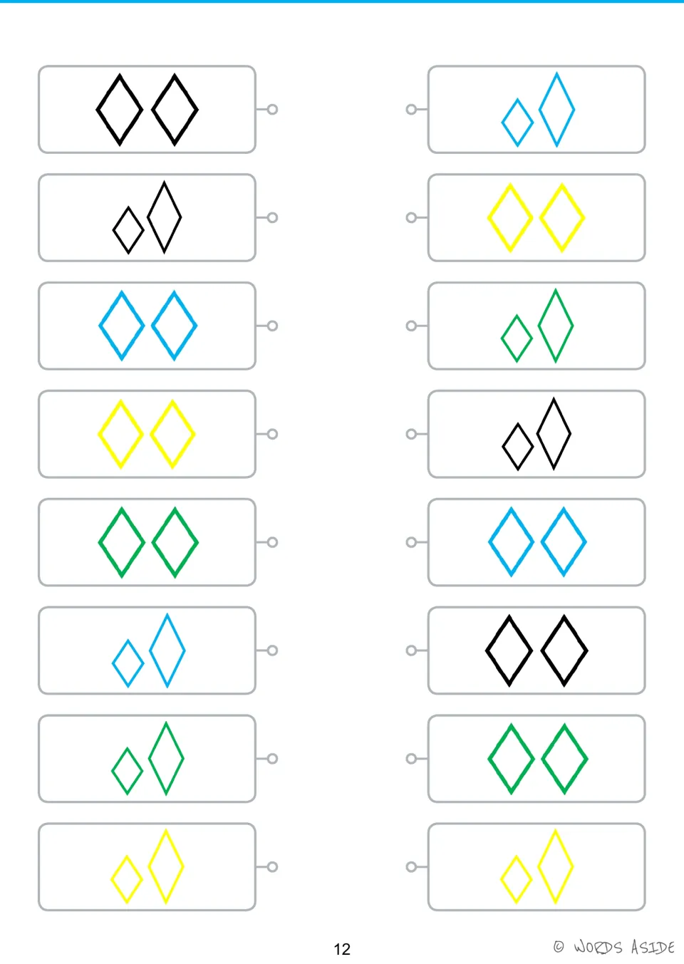 Shape matching activity with eight pairs of rhombuses in black, blue, yellow, and green, repeated to match
