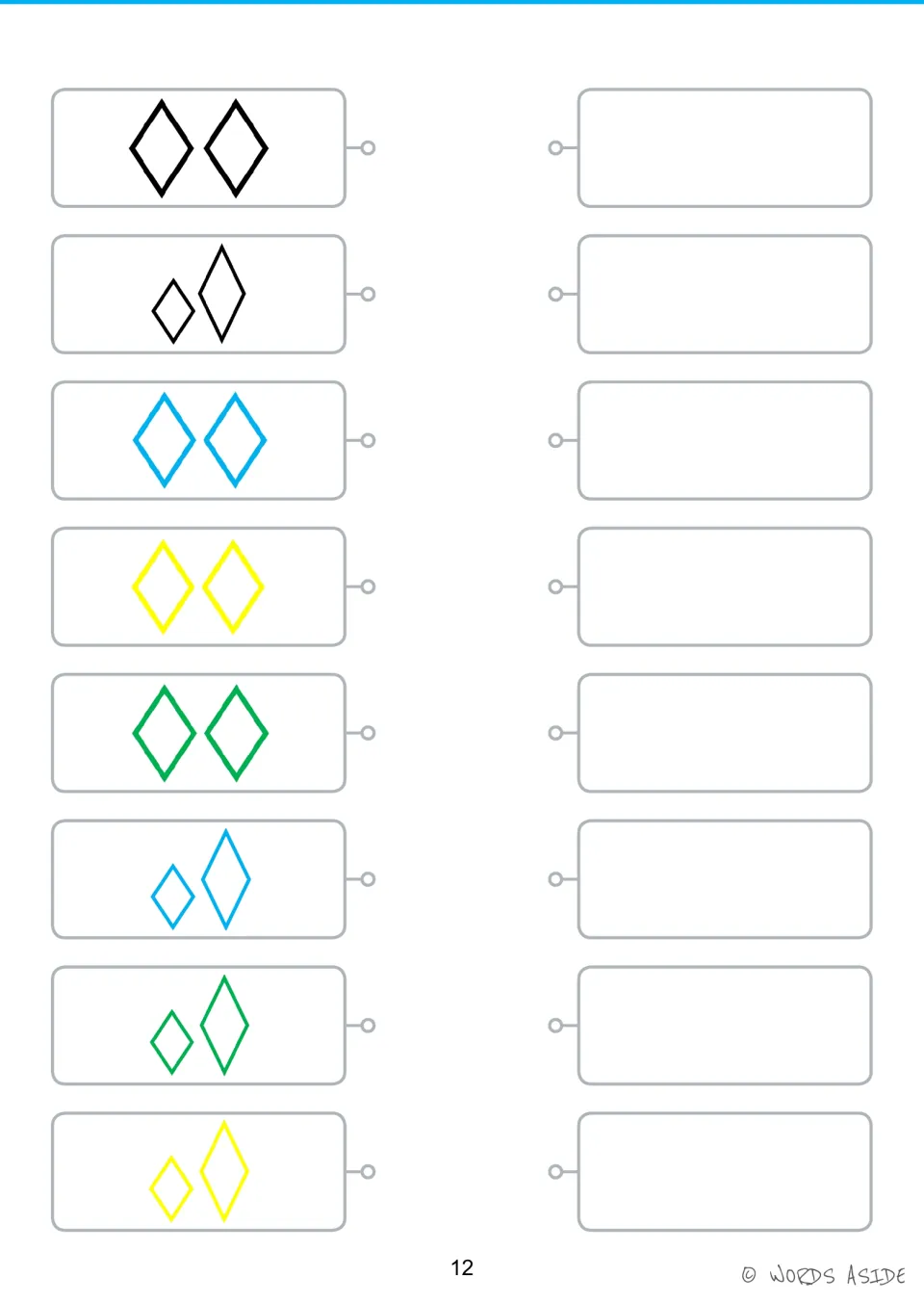 Companion shape activity sheet showing eight rhombus pairs in four colors, with equal or unequal sizes