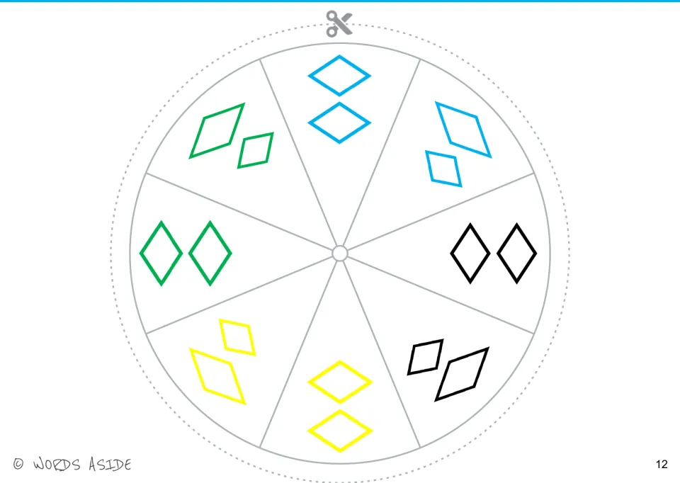 Cut-out shape wheel with eight sections showing rhombus pairs in matching or different sizes and four colors