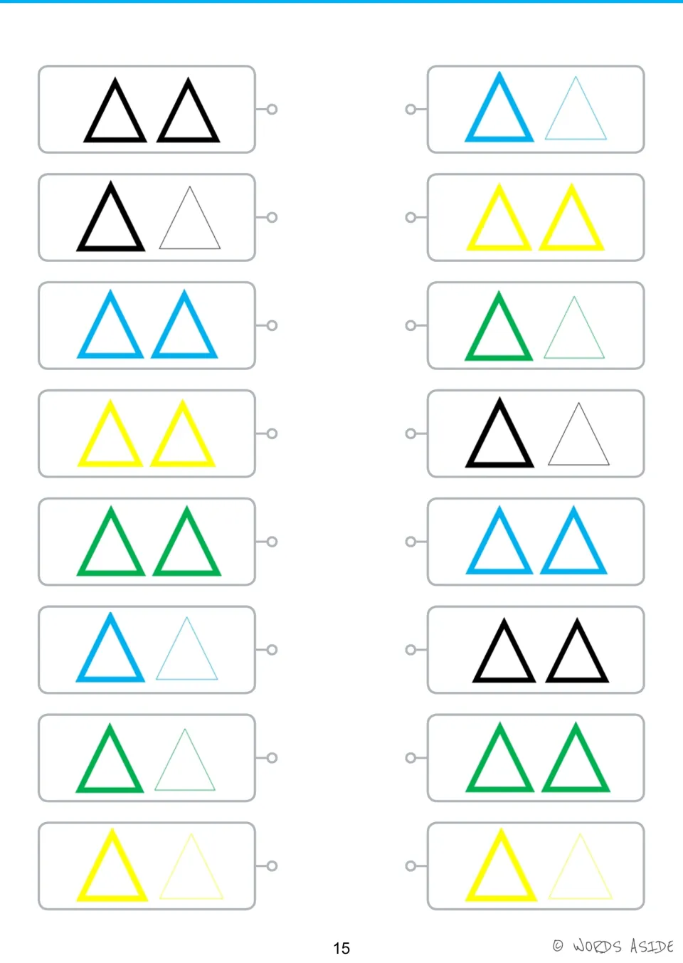 Triangle matching activity: eight pairs in black, blue, yellow, and green with thick or mixed outlines