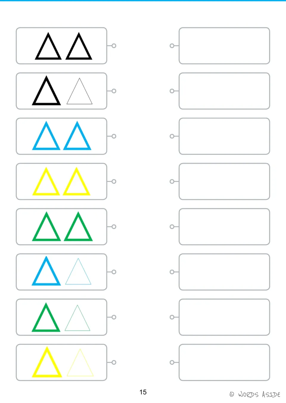 Triangle copying activity: eight pairs in black, blue, yellow, and green beside blank spaces to reproduce them