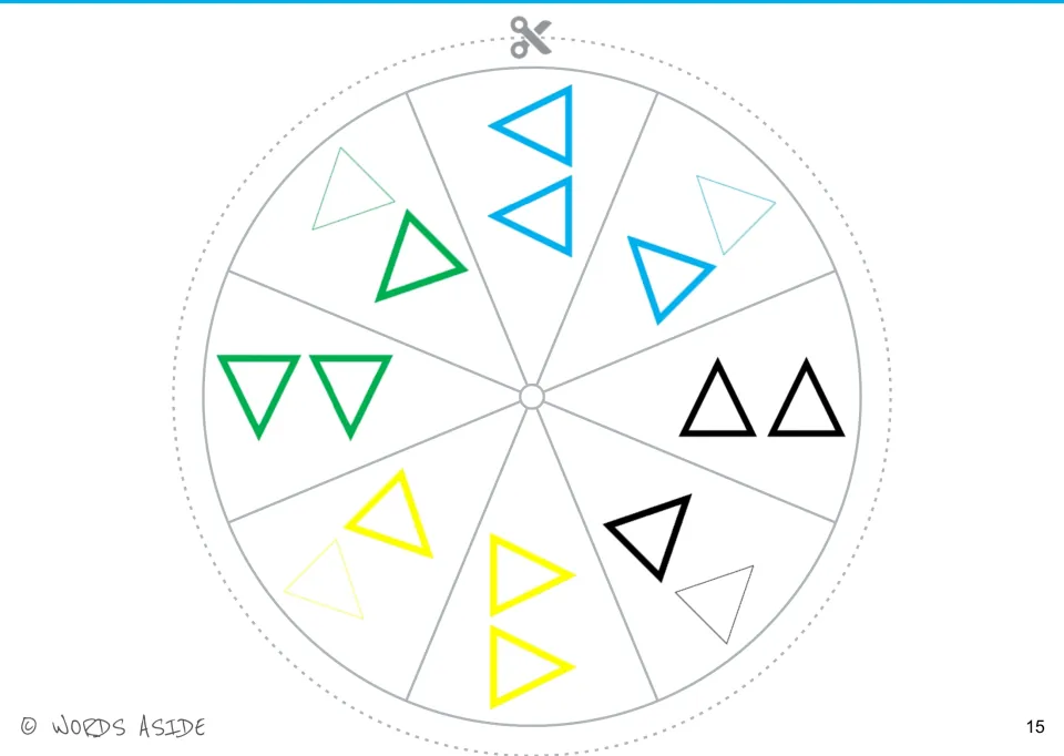 Cut-out shape wheel: eight triangle pairs in black, blue, yellow, and green with thick or mixed outlines