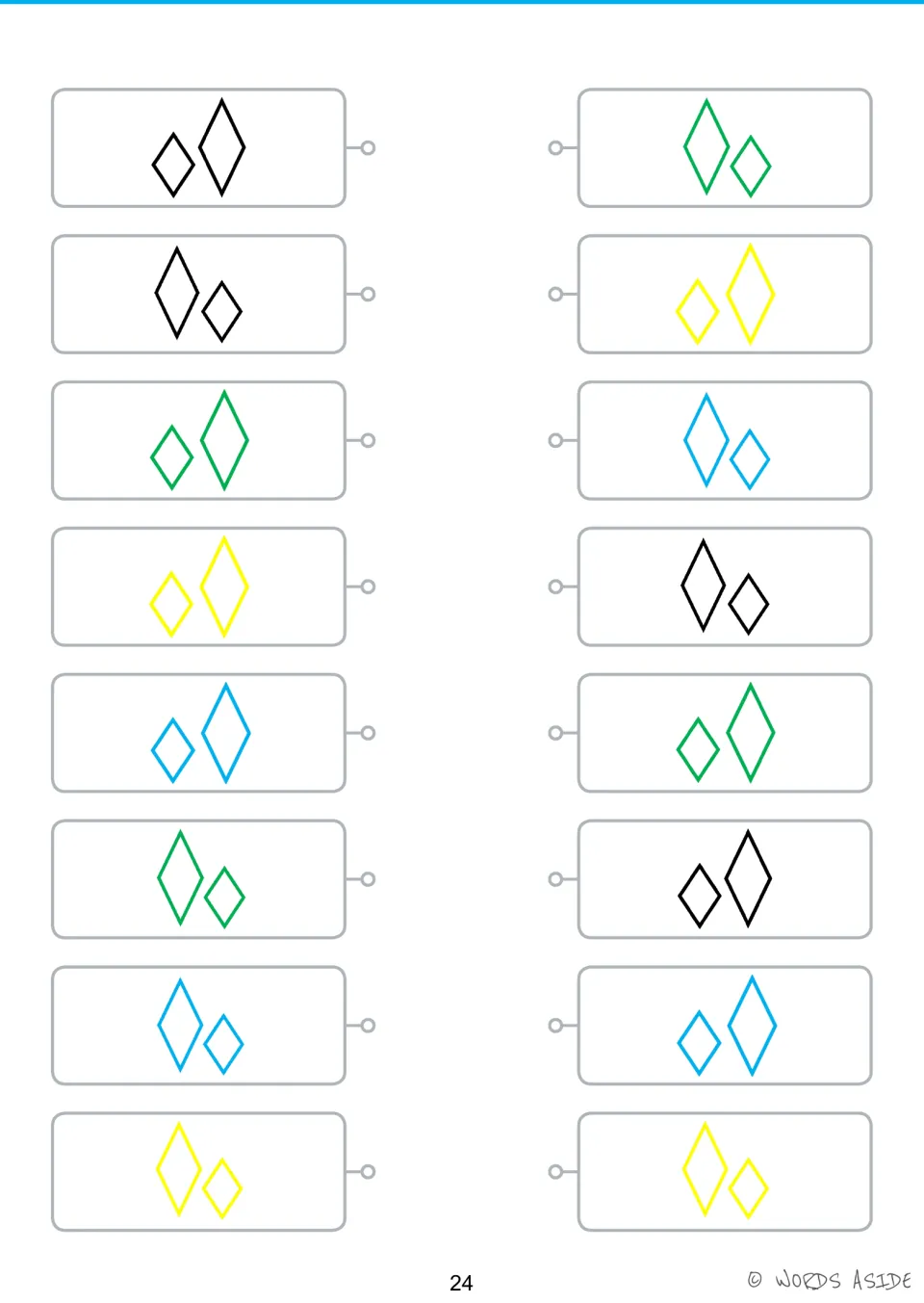 Shape matching sheet: eight pairs of large and small rhombuses in black, green, yellow, and blue to match.