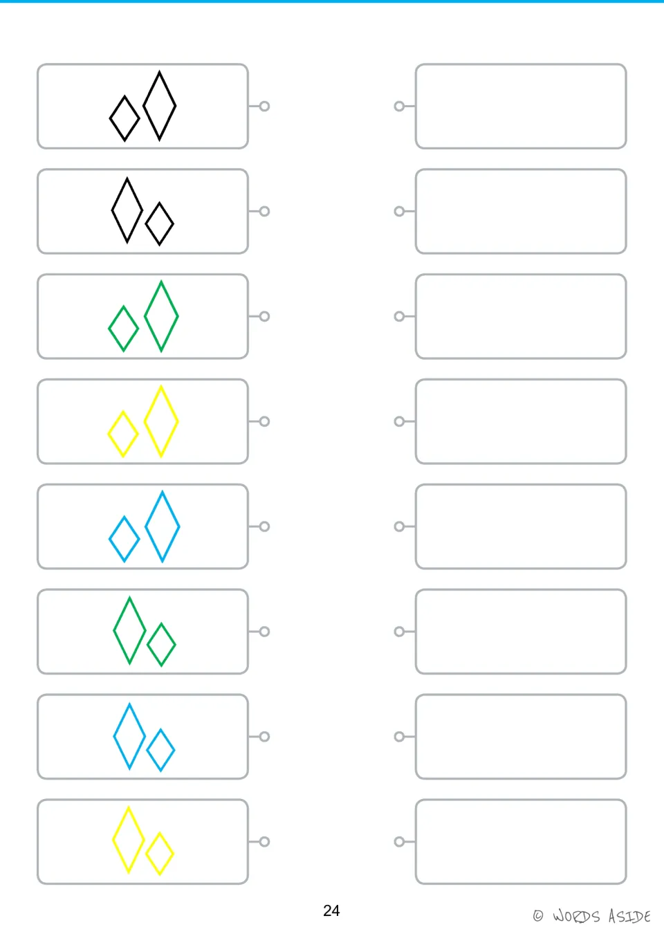 Shape activity sheet: eight large-and-small rhombus pairs in black, green, yellow, and blue beside blank spaces.