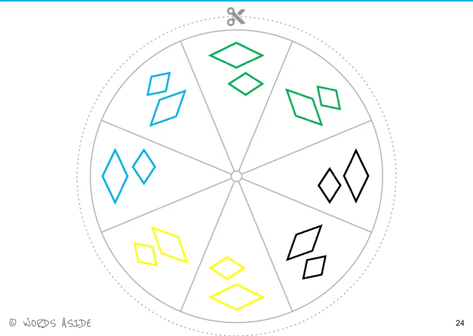 Circular cutout for the shapes activities: eight sections hold large and small rhombus pairs in four colors.