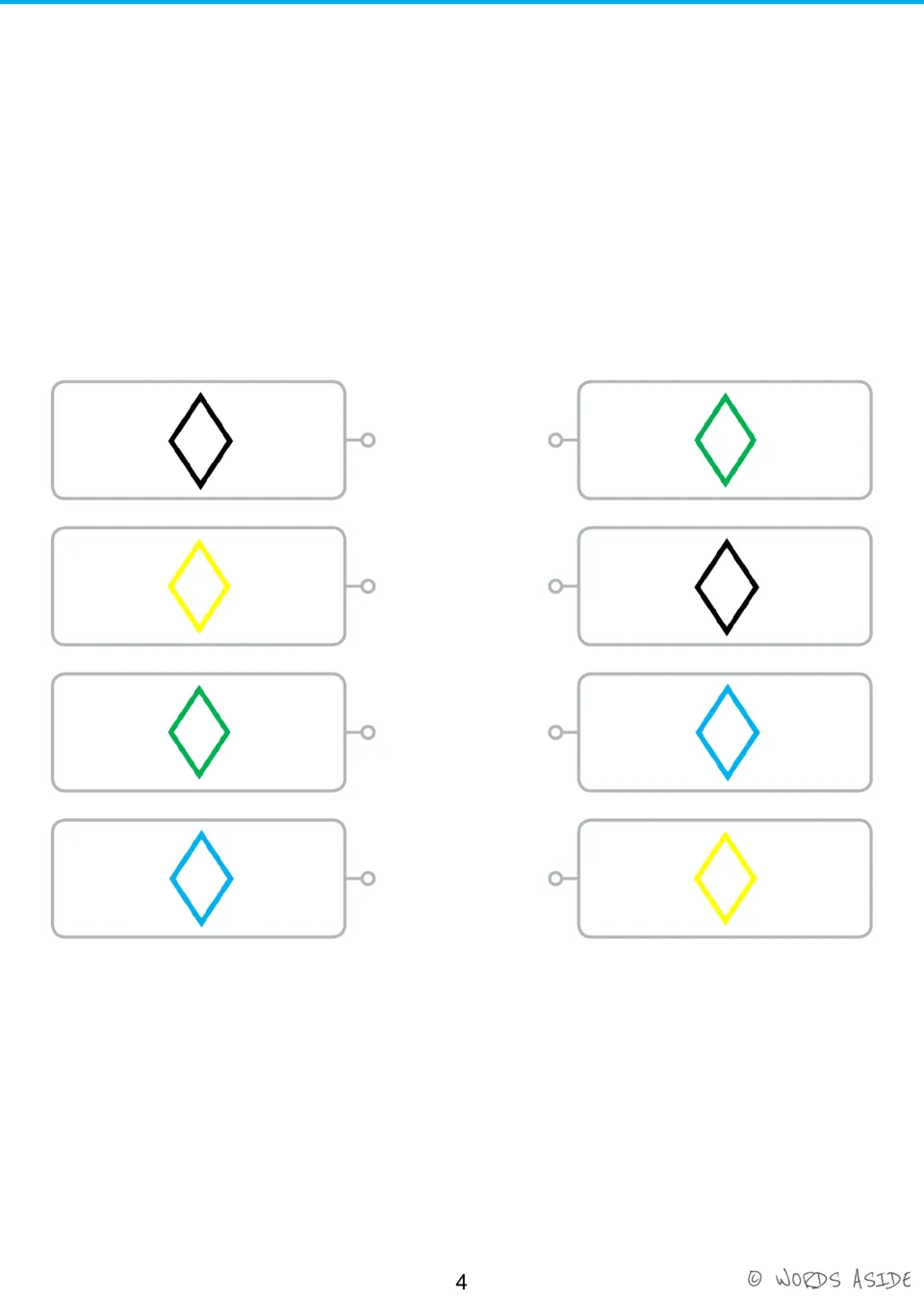 Shape matching activity: black, yellow, green, and blue rhombi and a reordered set of the same four colors.