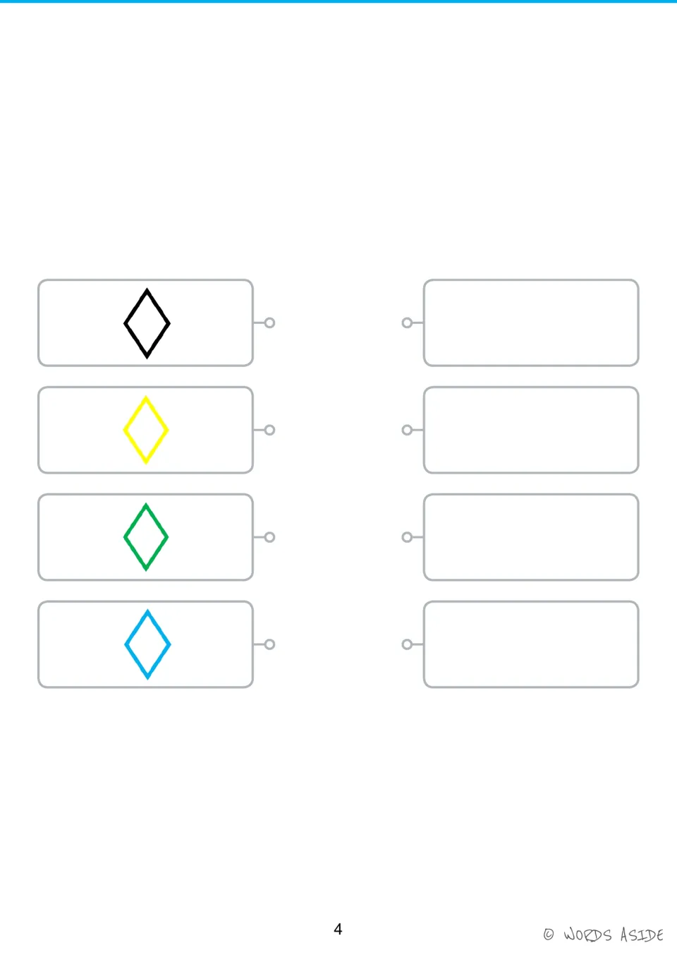 Shape copying activity: four rhombus models in black, yellow, green, and blue, with space to copy each.