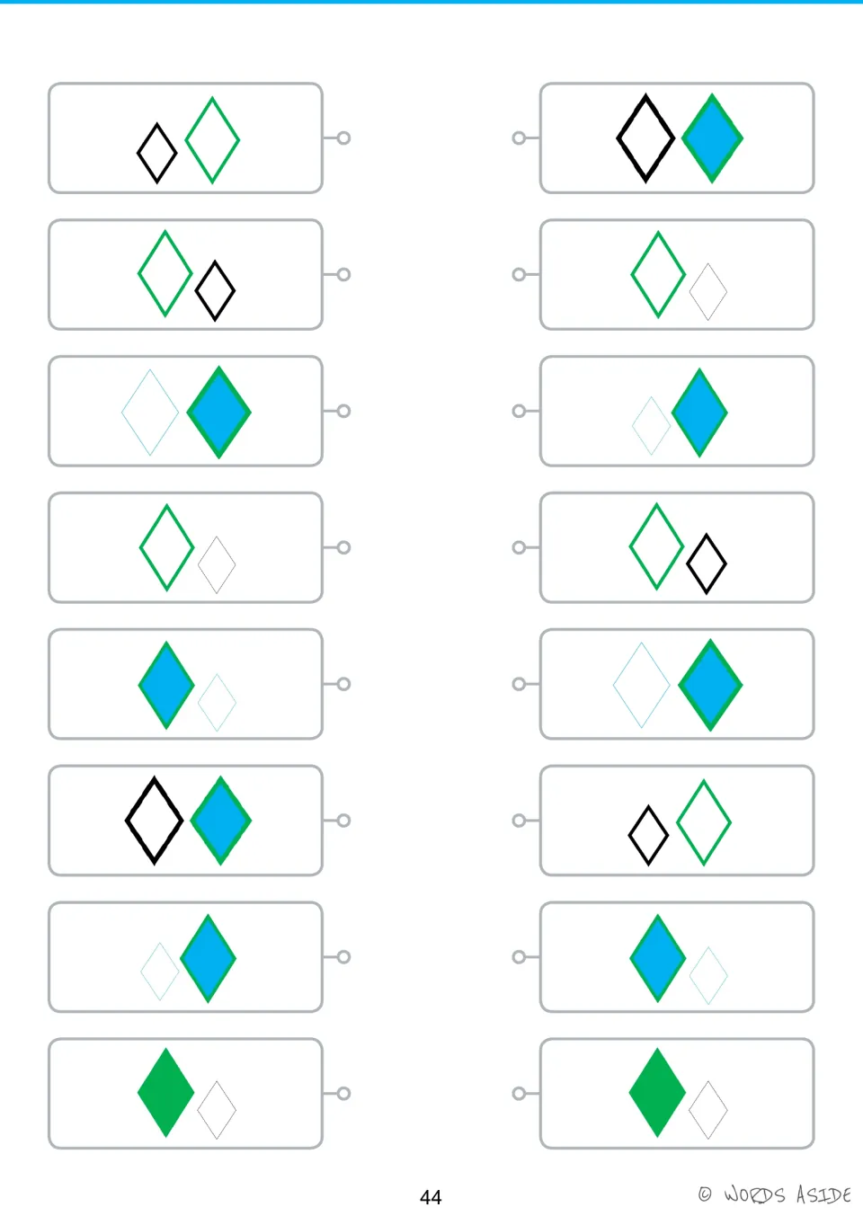 Rhombus matching activity: eight pairs to match by size, order, outline thickness, and blue or green fill