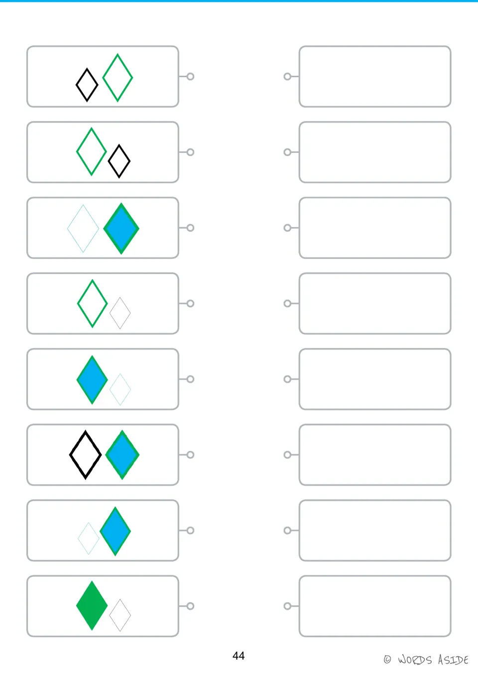 Rhombus copying activity: eight model pairs using large and small shapes, colored outlines, and solid fills